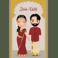 Wedding invitation card the bride and groom cute couple in traditional indian dress cartoon character. Vector illustration. Royalty Free Stock Photo