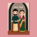 Wedding invitation card the bride and groom cute couple in traditional indian dress cartoon character. Vector illustration. Royalty Free Stock Photo