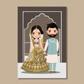 Wedding invitation card the bride and groom cute couple in traditional indian dress cartoon character. Vector illustration. Royalty Free Stock Photo