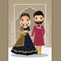 Wedding invitation card the bride and groom cute couple in traditional indian dress cartoon character. Vector illustration. Royalty Free Stock Photo
