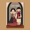 Wedding invitation card the bride and groom cute couple in traditional indian dress cartoon character. Vector illustration. Royalty Free Stock Photo