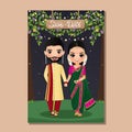 Cute couple in traditional indian dress cartoon character.Romantic wedding invitation card Royalty Free Stock Photo