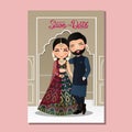 Cute couple in traditional indian dress cartoon character.Romantic wedding invitation card Royalty Free Stock Photo