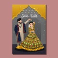 Cute couple in traditional indian dress cartoon character.Romantic wedding invitation card