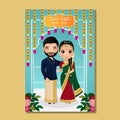 Cute couple in traditional indian dress cartoon character.Romantic wedding invitation card Royalty Free Stock Photo