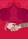 Wedding indian invitation card on red background. India marriage template.Beautifully decorated Indian bride hand.Close-up of gro