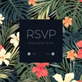 Wedding invitaion or card design with exotic tropical flowers and leaves