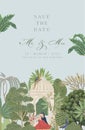 Mughal Wedding Card Design. Invitation card with tropical trees, birds, peacock, arch elements for printing.