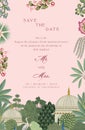 Mughal Wedding Card Design for invitation. Invitation card with pinkish background for printing vector illustration.