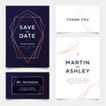 Wedding Invitation, art deco style invite thank you, rsvp modern card Design with navy blue and white gold geometrical polyhedron