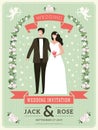 Wedding invitation background. Happy groom couple happy lovers wed day cute bride vector placard