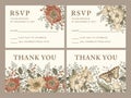 Wedding invitation Beautiful flowers Poppy Poppies Dogrose Rosehip Vintage greeting card Frame Drawing engraving Thank You retro Royalty Free Stock Photo