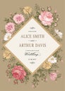 Wedding thanks invitation. Beautiful realistic flowers Chamomile Rose card. Frame, label. Vector victorian Illustration. Petunia
