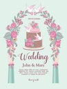 Wedding invitation. Beautiful wedding card with a large multi-tiered wedding cake. Vector illustration.