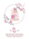 Wedding invitation. Beautiful wedding card with a large multi-tiered wedding cake. Vector illustration.