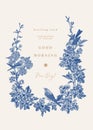 Wedding invitation with birds. Blue