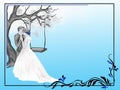 Wedding invitation blue with tree, couple and swing in frame with ornaments, blue-white wedding