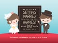 Wedding invitation board with groom and bride cartoon Royalty Free Stock Photo