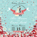 Wedding invitation.Bride and groom.Flying hearts,flowers background Royalty Free Stock Photo