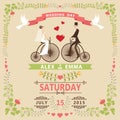 Wedding invitation with Bride,groom,retro bicycle,floral frame Royalty Free Stock Photo