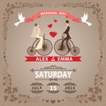 Wedding invitation with Bride, groom,retro bicycle, floral frame Royalty Free Stock Photo