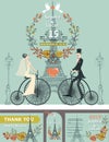 Wedding invitation. Bride, groom, retro bike. Eiffel