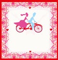 Wedding invitation with bride and groom riding tandem bicycle Royalty Free Stock Photo