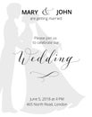 Wedding invitation with bride and groom silhouettes and hand written custom calligraphy