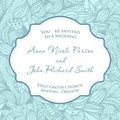 Wedding invitation card with blue seamless pattern