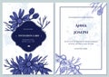 Wedding invitation card with blue and white chamomile