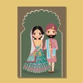 Wedding invitation card the bride and groom cute couple in traditional indian dress cartoon character. Vector illustration.