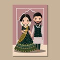 Wedding invitation card the bride and groom cute couple in traditional indian dress cartoon character. Vector illustration. Royalty Free Stock Photo