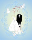 Wedding invitation card with cartoon dress of bride and groom