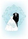 Wedding invitation card with clothes a bride and groom Royalty Free Stock Photo
