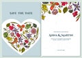 Wedding invitation card with colored ylang-ylang, impatiens, daffodil, tigridia, lotus, aquilegia