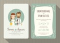 Wedding invitation card with cute groom and bride cartoon