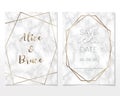 Wedding Invitation card design with golden frames and marble texture. Luxury marble with gold geometric frame design template