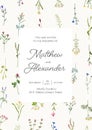 Wedding invitation card design with wild flowers frame and background for text. Delicate romantic floral template for Royalty Free Stock Photo