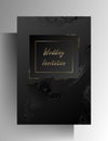 Wedding invitation design template. Hand-drawn graphic elements. Strict vector illustration black on black with gold frames. Royalty Free Stock Photo