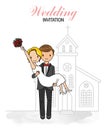 Wedding invitation card. Groom carrying his girlfriend in front of the church.