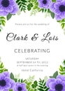 Wedding invitation card. Lovely template. Card design with violet anemone flower, forest greenery ferns, plants, green leaves.