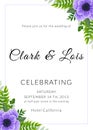 Wedding invitation card. Lovely template. Card design with violet anemone flower, forest greenery ferns, plants, green leaves.