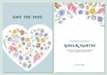 Wedding invitation card with pastel astilbe, craspedia, blue eryngo, lagurus, cotton, gypsophila