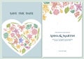Wedding invitation card with pastel ylang-ylang, impatiens, daffodil, tigridia, lotus, aquilegia