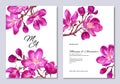 Wedding invitation card with pink apple tree branches, spring botanical Save the Date set.