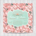 Wedding invitation card with pink rose flower and hummingbird