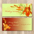 Wedding invitation card with red iris flower background. Vector illustration Royalty Free Stock Photo