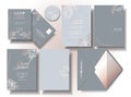 Wedding invitation card set in elegant gray tone with leaf print in rose gold color. RSVP Cards. Envelopes. Illustrations Royalty Free Stock Photo