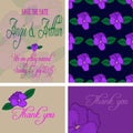 Wedding invitation card set with hand drawn pansy flowers Royalty Free Stock Photo