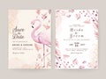 Wedding invitation card set with hand painted pink flamingo and floral watercolor Royalty Free Stock Photo